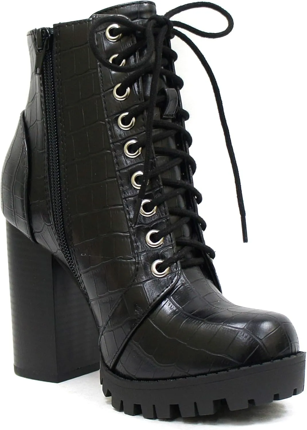 Soda Chalet  Fashion Lace up Military Inspired Ankle Boot with Stacked Heel and Side Zipper