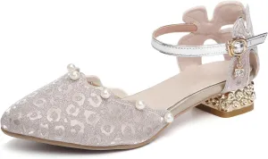 SWDZM Girls Dress Shoes Low Heel with Corals Glitter Princess Wedding Party Sandals for Little Big Kids