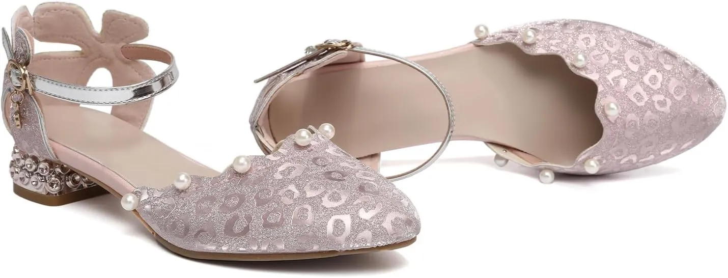 SWDZM Girls Dress Shoes Low Heel with Corals Glitter Princess Wedding Party Sandals for Little Big Kids