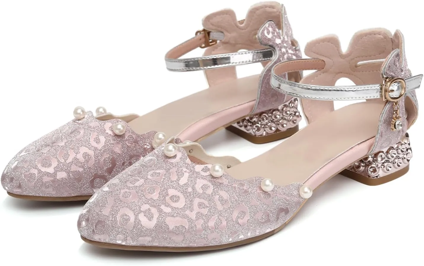 SWDZM Girls Dress Shoes Low Heel with Corals Glitter Princess Wedding Party Sandals for Little Big Kids