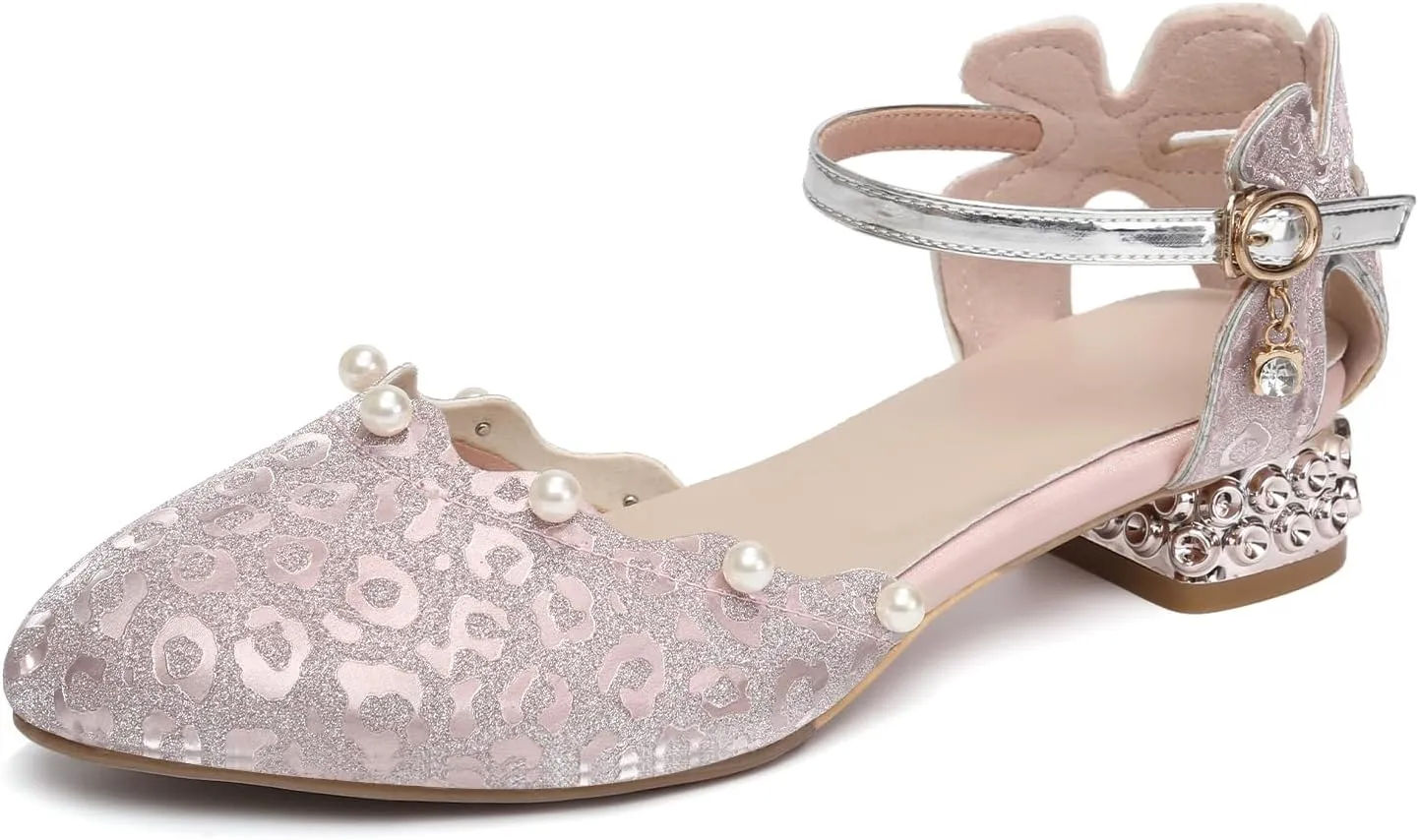 SWDZM Girls Dress Shoes Low Heel with Corals Glitter Princess Wedding Party Sandals for Little Big Kids