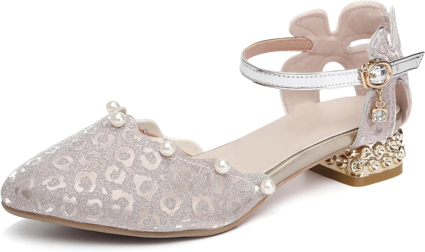 SWDZM Girls Dress Shoes Low Heel with Corals Glitter Princess Wedding Party Sandals for Little Big Kids