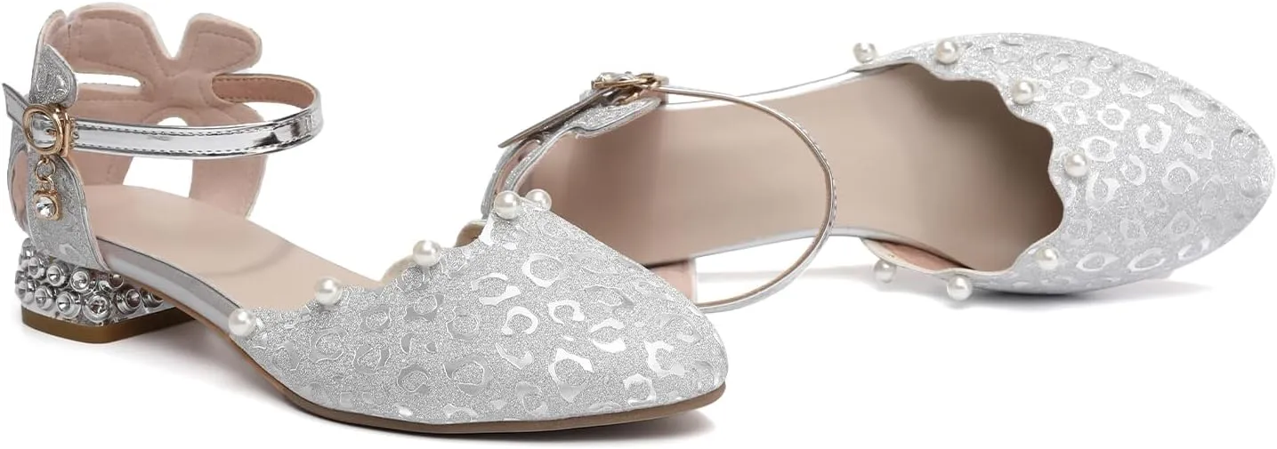 SWDZM Girls Dress Shoes Low Heel with Corals Glitter Princess Wedding Party Sandals for Little Big Kids