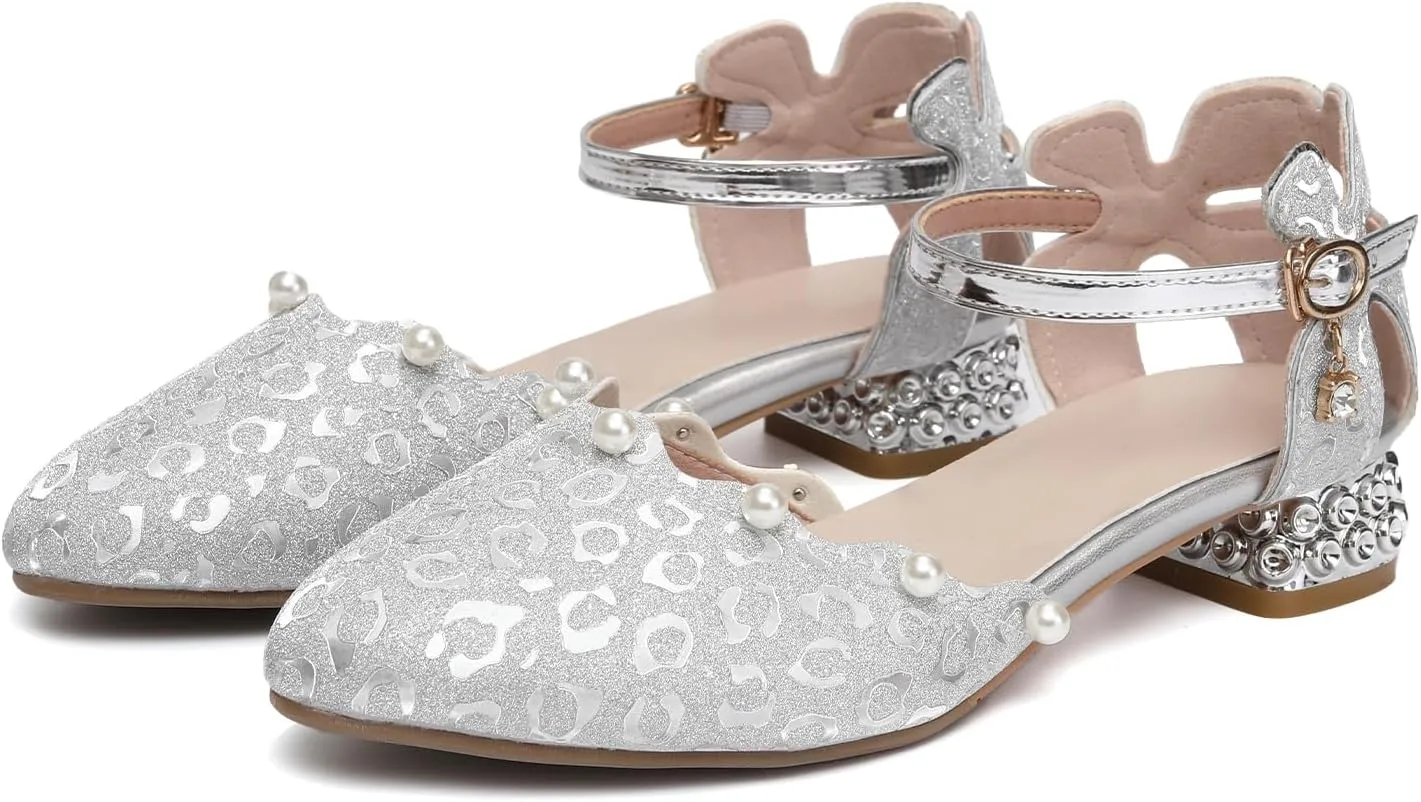SWDZM Girls Dress Shoes Low Heel with Corals Glitter Princess Wedding Party Sandals for Little Big Kids