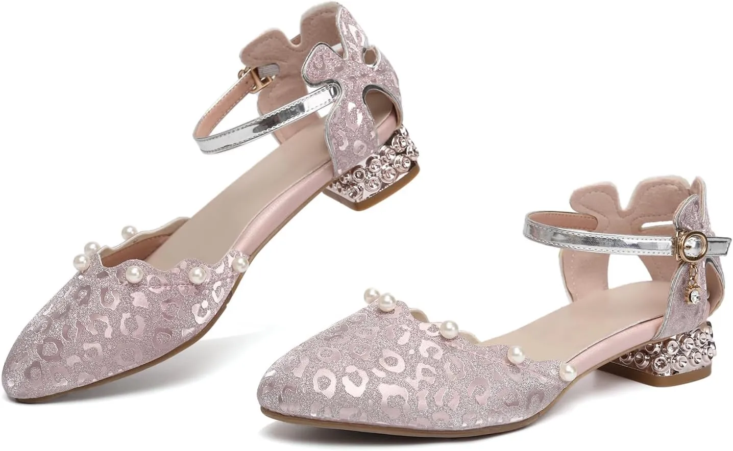 SWDZM Girls Dress Shoes Low Heel with Corals Glitter Princess Wedding Party Sandals for Little Big Kids