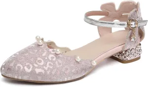 SWDZM Girls Dress Shoes Low Heel with Corals Glitter Princess Wedding Party Sandals for Little Big Kids