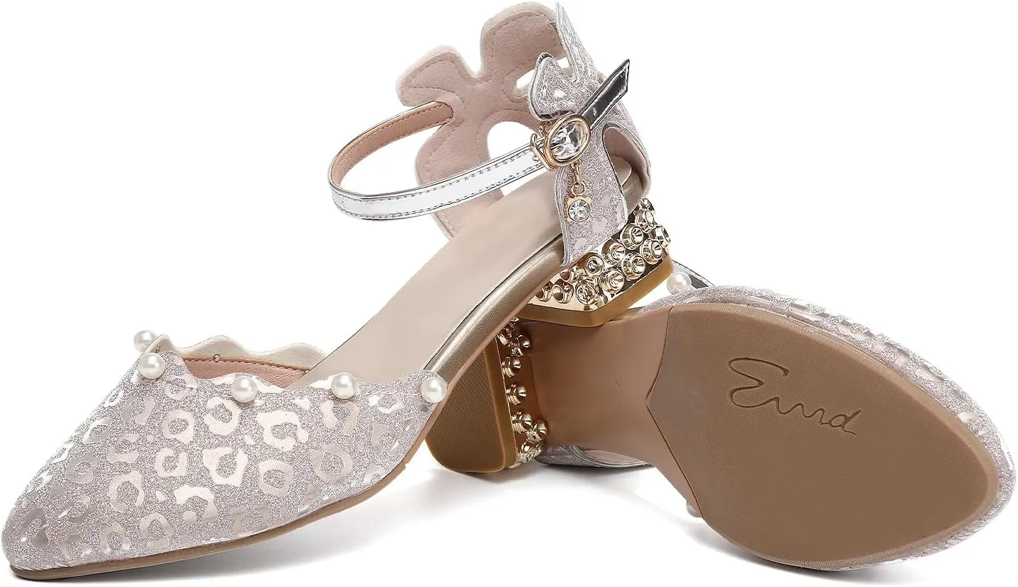 SWDZM Girls Dress Shoes Low Heel with Corals Glitter Princess Wedding Party Sandals for Little Big Kids