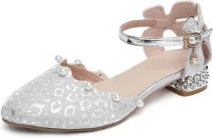 SWDZM Girls Dress Shoes Low Heel with Corals Glitter Princess Wedding Party Sandals for Little Big Kids