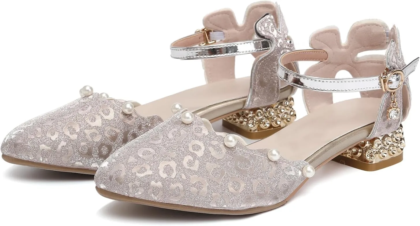 SWDZM Girls Dress Shoes Low Heel with Corals Glitter Princess Wedding Party Sandals for Little Big Kids