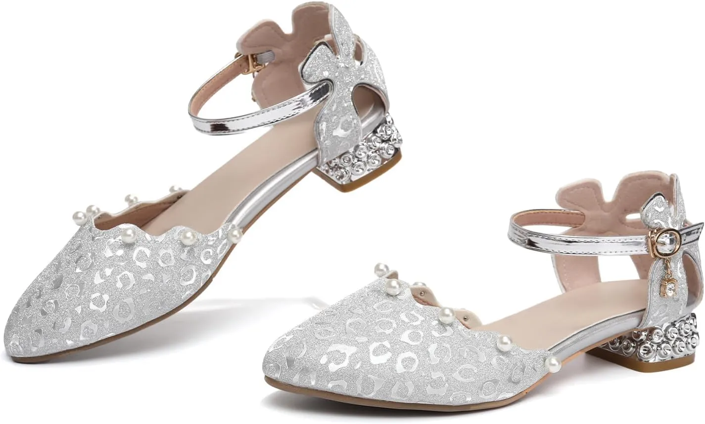 SWDZM Girls Dress Shoes Low Heel with Corals Glitter Princess Wedding Party Sandals for Little Big Kids