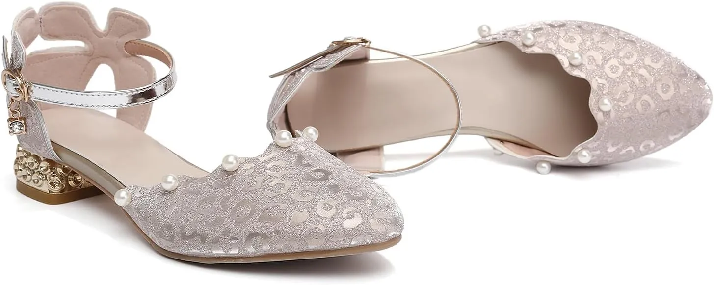 SWDZM Girls Dress Shoes Low Heel with Corals Glitter Princess Wedding Party Sandals for Little Big Kids