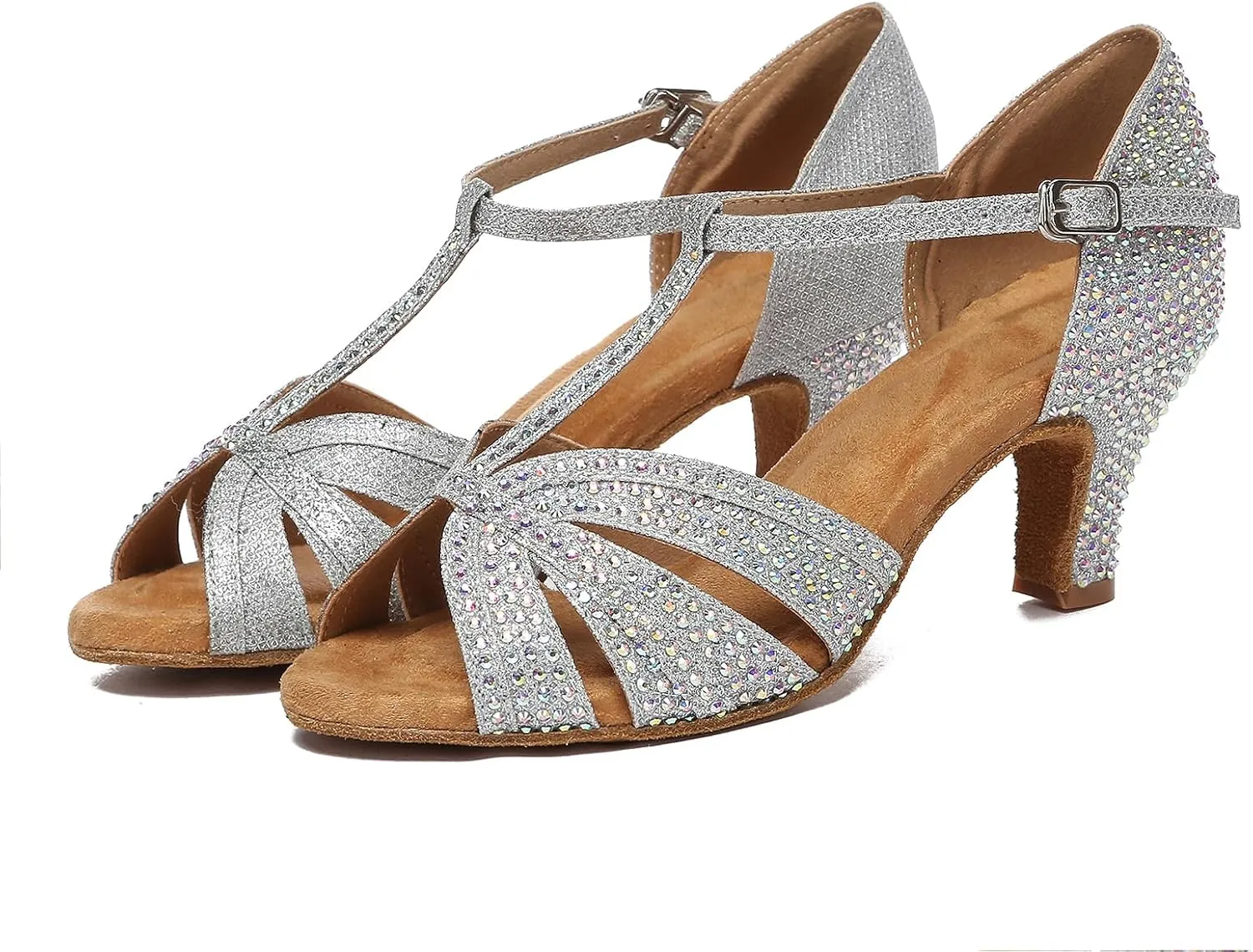 SWDZM Rhinestone Ballroom Dance Shoes Women T Strap Latin Dance Shoes High Heel