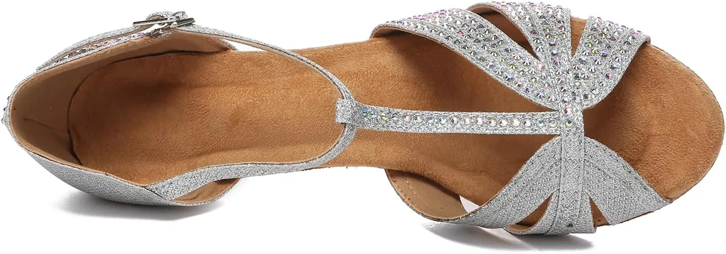 SWDZM Rhinestone Ballroom Dance Shoes Women T Strap Latin Dance Shoes High Heel