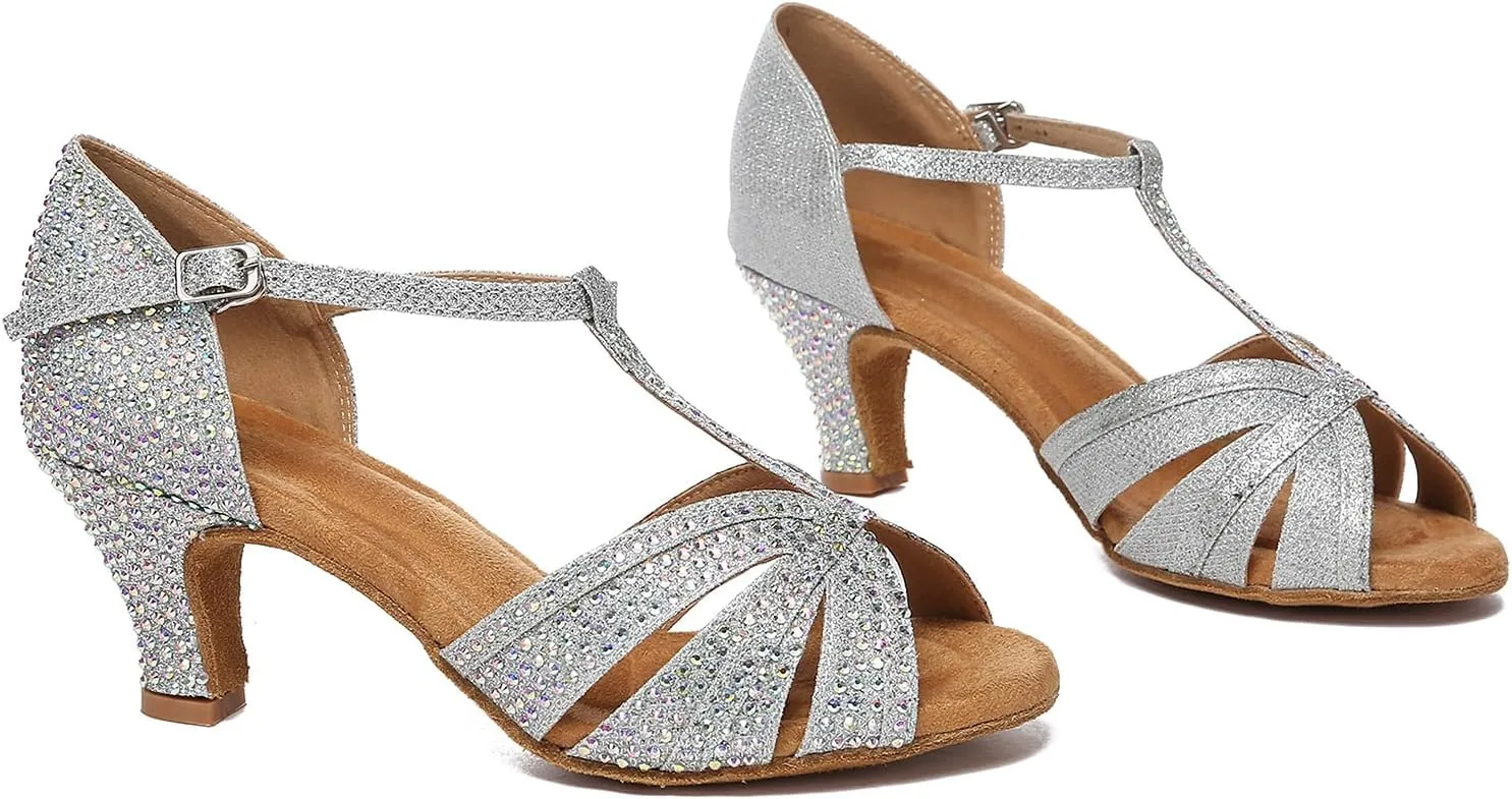 SWDZM Rhinestone Ballroom Dance Shoes Women T Strap Latin Dance Shoes High Heel