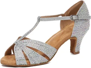 SWDZM Rhinestone Ballroom Dance Shoes Women T Strap Latin Dance Shoes High Heel
