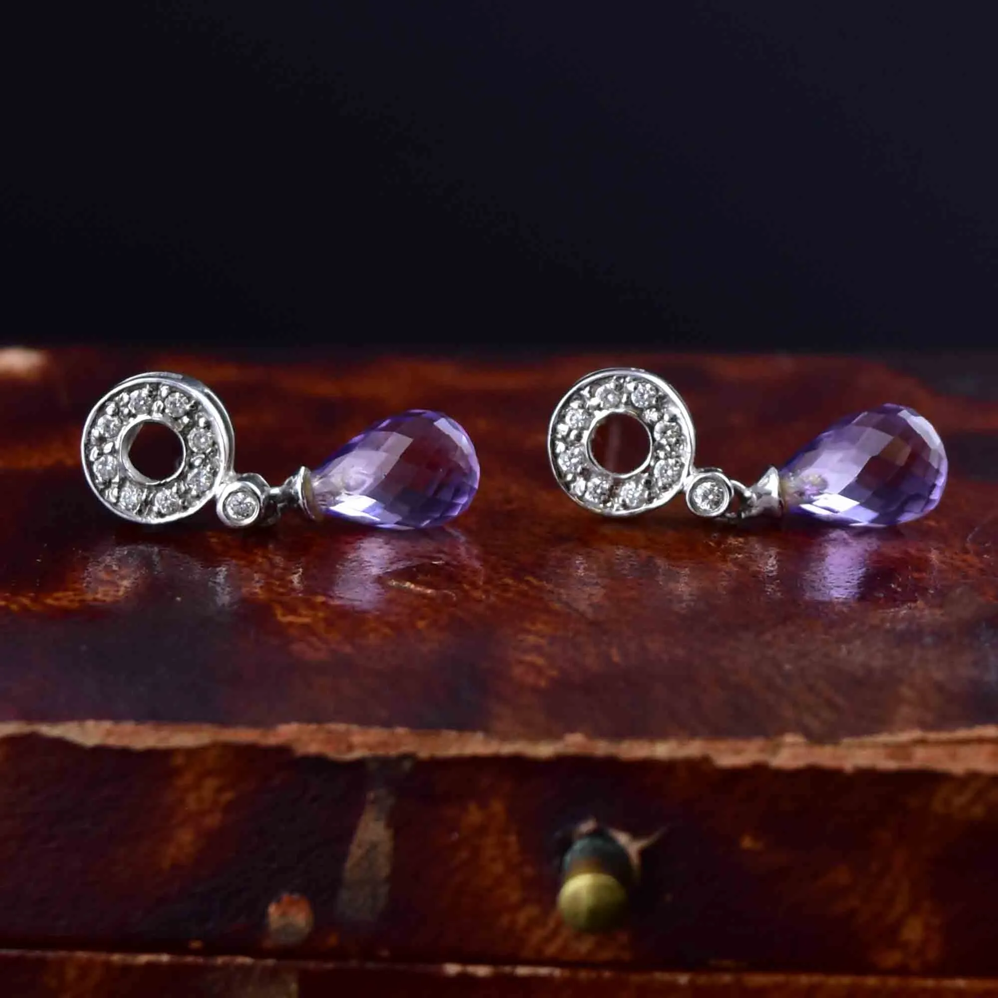 Vintage 14K White Gold Diamond Briolette Amethyst Earrings
