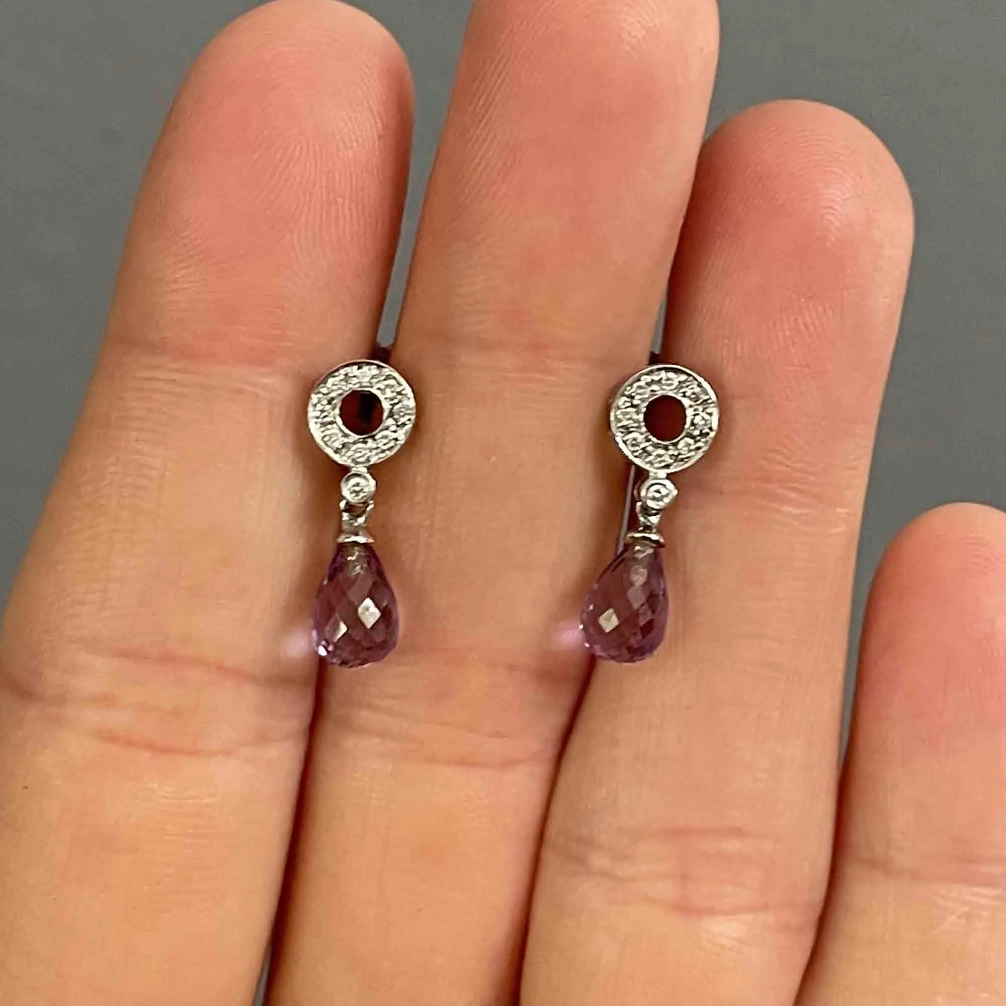 Vintage 14K White Gold Diamond Briolette Amethyst Earrings
