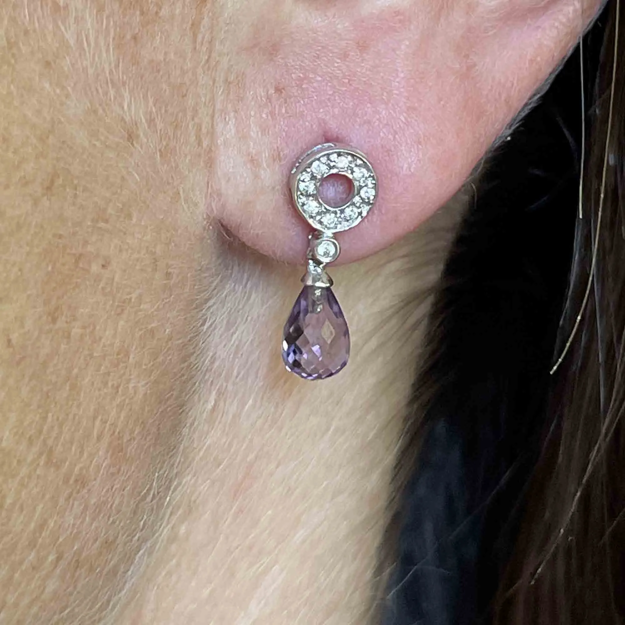 Vintage 14K White Gold Diamond Briolette Amethyst Earrings