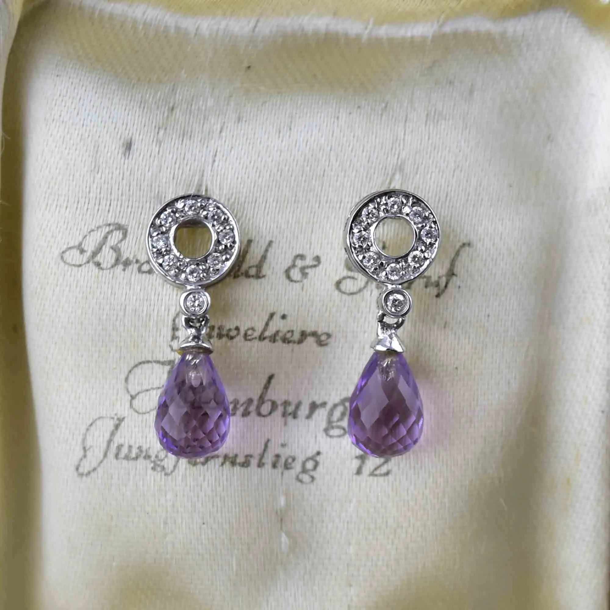 Vintage 14K White Gold Diamond Briolette Amethyst Earrings