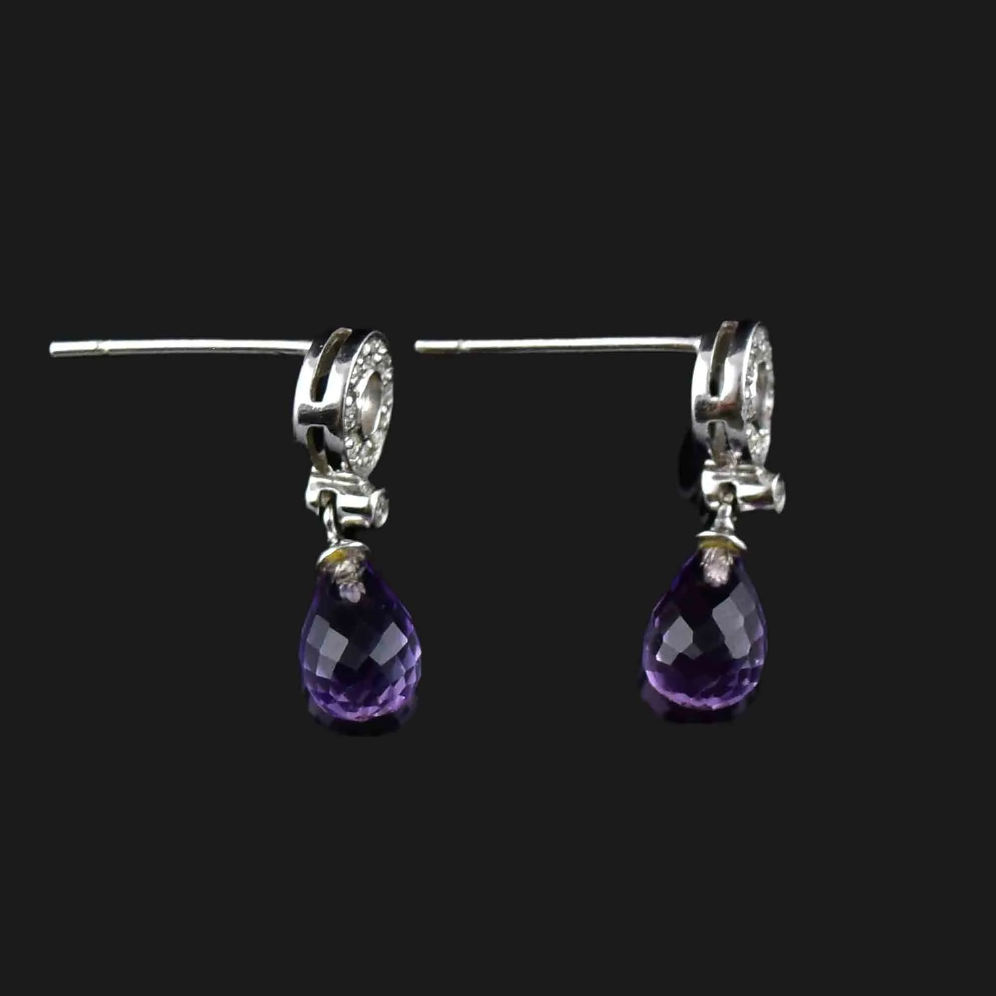 Vintage 14K White Gold Diamond Briolette Amethyst Earrings