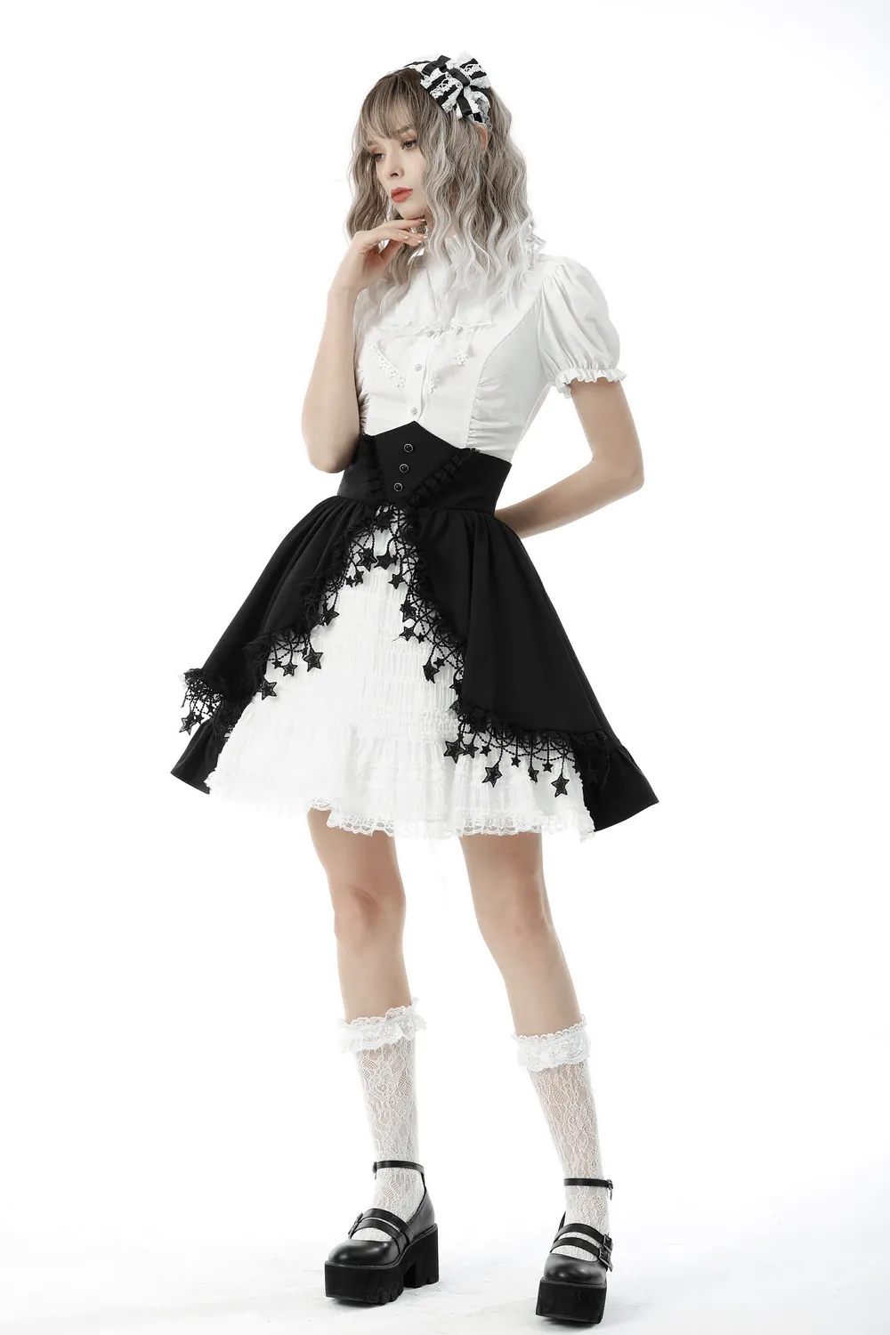 White Lace Ruffle Neckline Blouse with Puff Sleeves