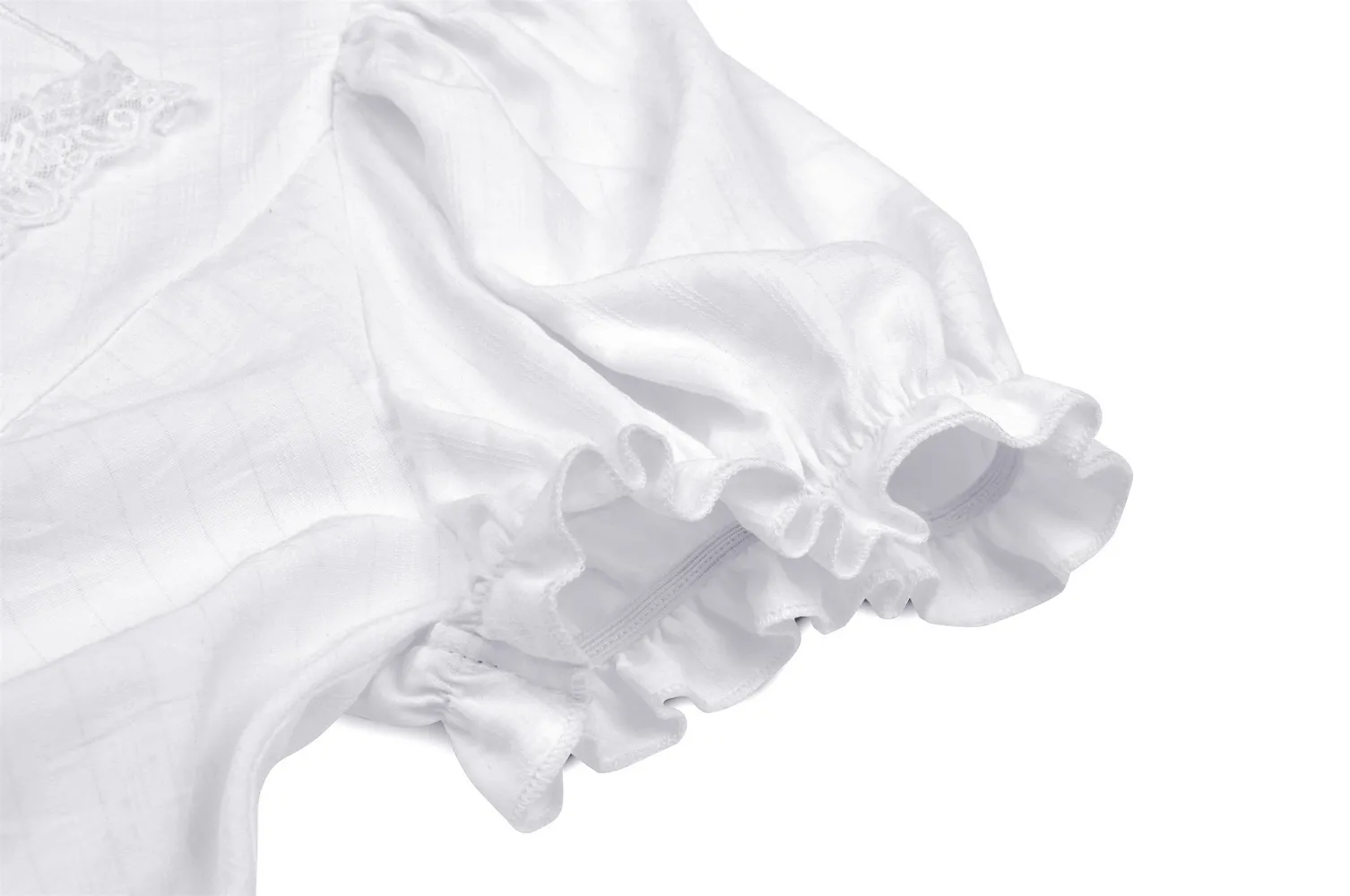 White Lace Ruffle Neckline Blouse with Puff Sleeves