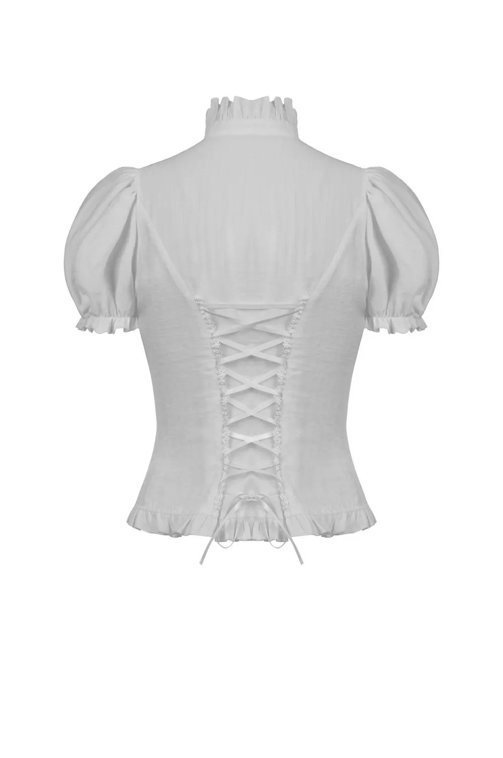 White Lace Ruffle Neckline Blouse with Puff Sleeves