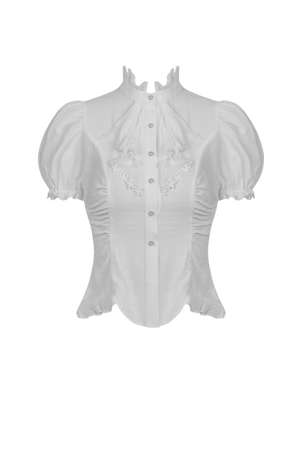 White Lace Ruffle Neckline Blouse with Puff Sleeves