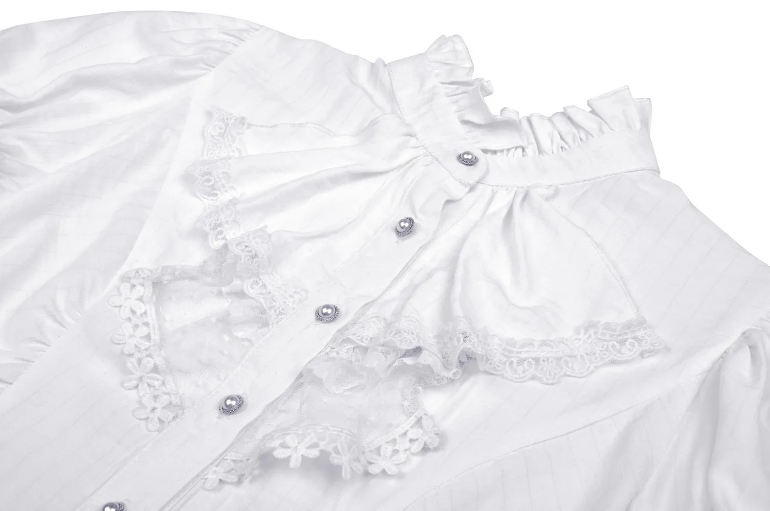 White Lace Ruffle Neckline Blouse with Puff Sleeves