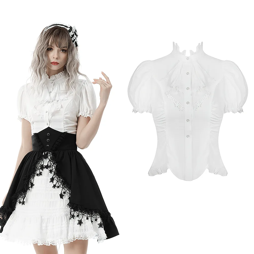 White Lace Ruffle Neckline Blouse with Puff Sleeves