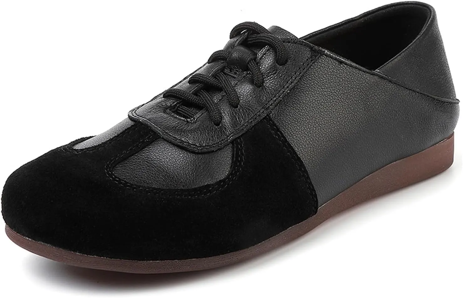 Women's Genuine Leather Splicing Flat Sneakers Comfortable Round Toe Lightweight Non Slip Lace up Walking Shoes Soft Outdoor Workout Casual Shoes